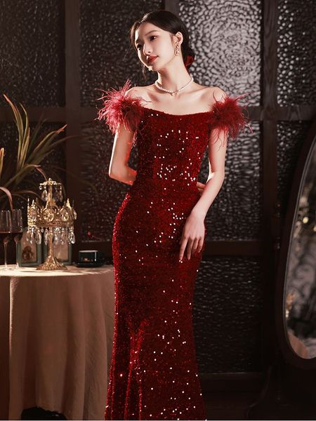 

off-the-shoulder burgundy cocktail dress feather shiny party women glitter strapless long floor length mermaid prom gowns, Black