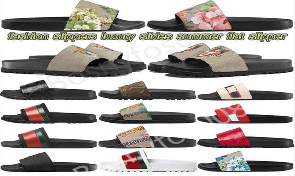 

with box men women fashion slippers luxury slides summer flat slipper trendy leather rubber sandal mens beach slide us 5129416514, Black