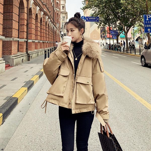 

leather faux fox fur women's down cotton jacket 2022 short loose casual parkas coat fashion female big pocket thicken warm snow outwear, Black