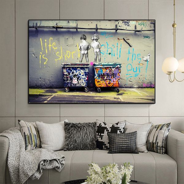 

pop street art graffiti life is short chill the duck out two nude kid poster print canvas painting wall picute for cuadros decor