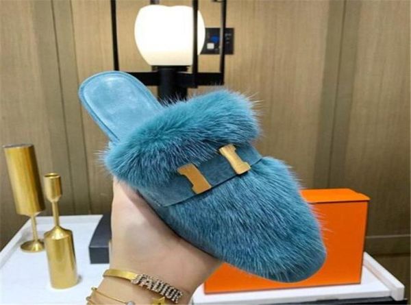

autumn wool mink hair shoes fashion leisure winter plush slippers indoor le warm fox fur sandals for women slides quality s9902975, Black