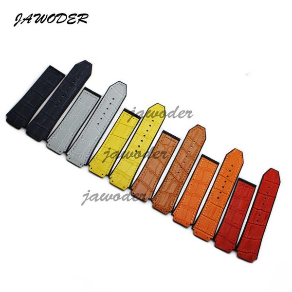 

jawoder watch band 26 19mm man women black rubber stitched yellow brown leather sport watch strap for hub big bang without buckle250s, Black;brown