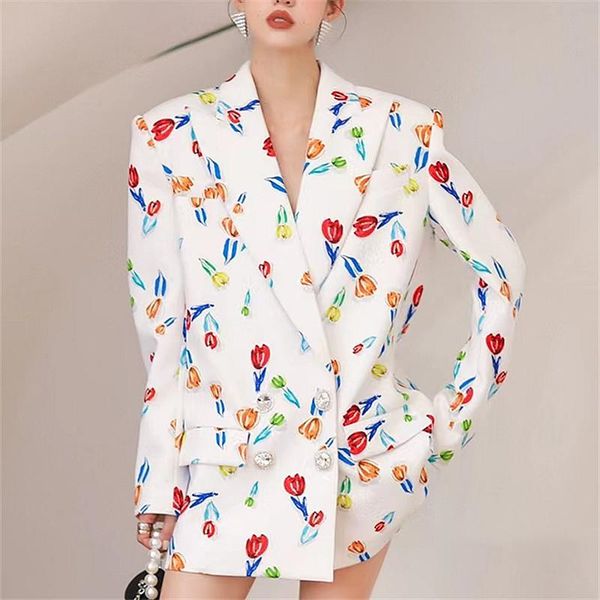 

pants lyeeynnr temperament fashion blazers women turn down collar long sleeve flower printed casual allmatch button up blazer ladies, White