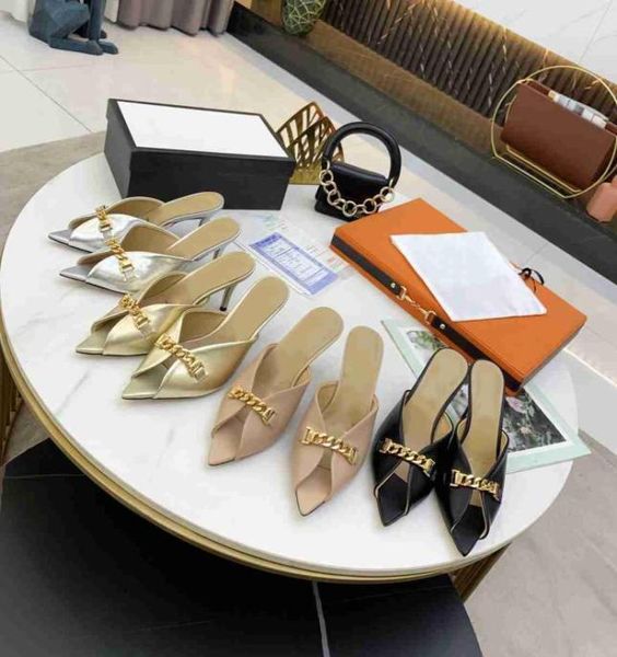 

fine heel mid heel slipper fish beak pointed head metal decoration luxury metal alphabet new designer fashion female leather silve6421299, Black