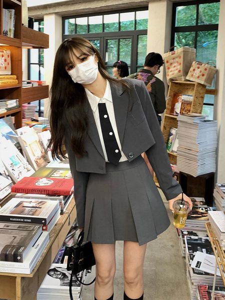 

dress women suits short jacket pleated aline skirt ladies 2 piece set spring autumn preppy casual fashion gray suits, White