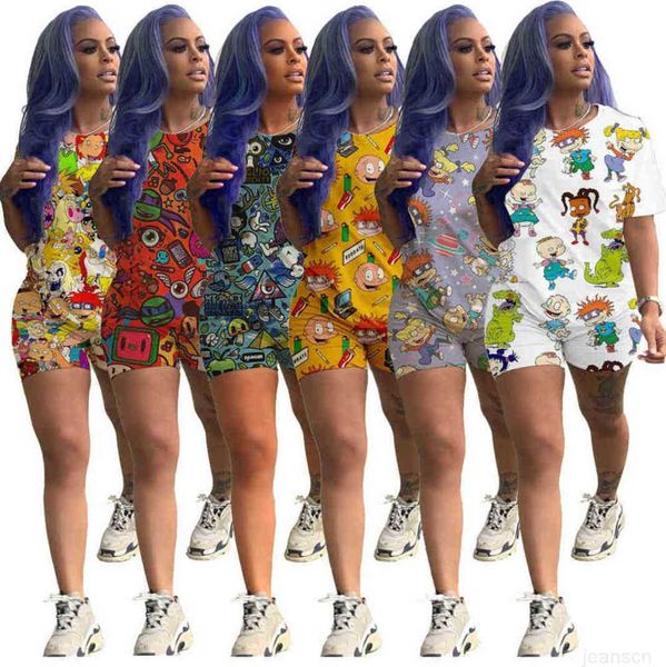 

2023 womens designer tracksuits cartoon printed casual set short sleeve outfits 2 piece shirt pant sport suits clubwear, Gray