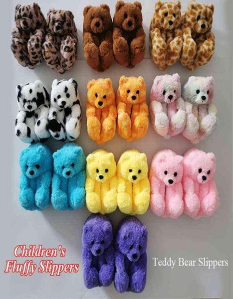 

kids soft antislip faux fur cute slippers winter warm shoes cartoon plush teddy bear slippers lovely plush furry fur slides h11152557547, Black