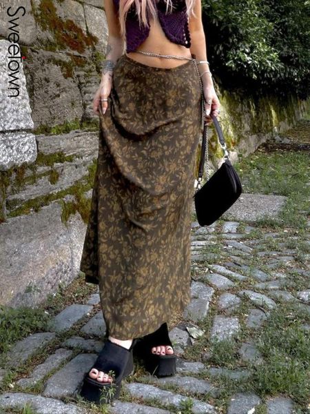 

dresses sweetown vintage floral print kawaii y2k midi skirts womens preppy style low waist faldas fairycore aesthetic brown long skirt, White;black