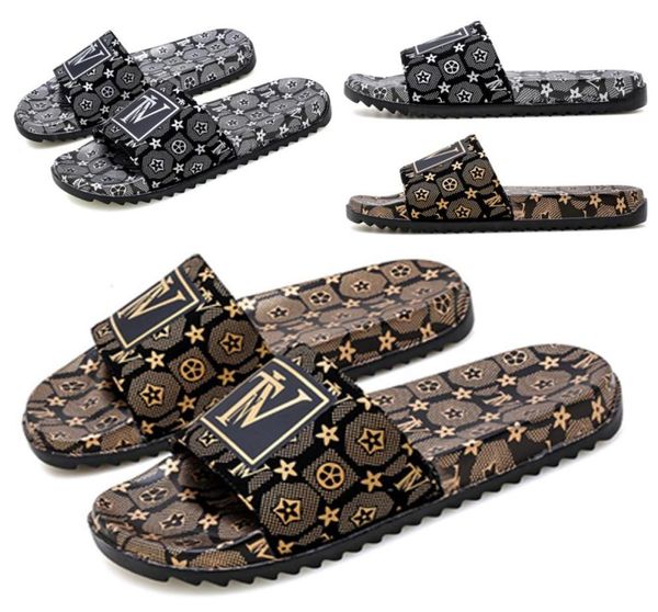 

luxury brand designer men slippers women sandals pattern print gold silver slides summer wide flat lady beach sandal flip flops la2106248, Black