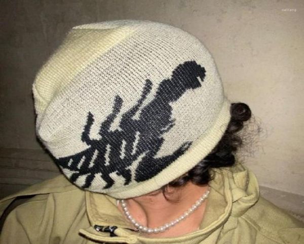 

ball caps y2k dark scorpion gothic pattern casual outdoor winter wool acrylic knitted hat women beanie warm men grunge hip hop5781498, Blue;gray