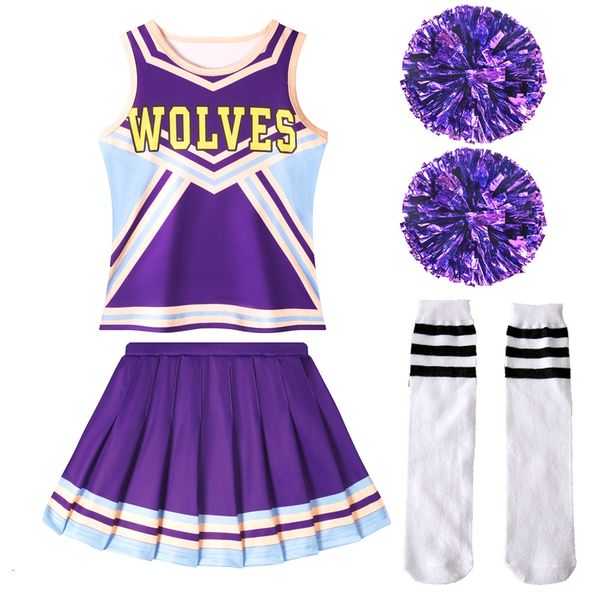 

cheerleading children's cheerleaders halloween cosplay costume stage show girl dress school cheerleaing uniform purple with pompoms soc