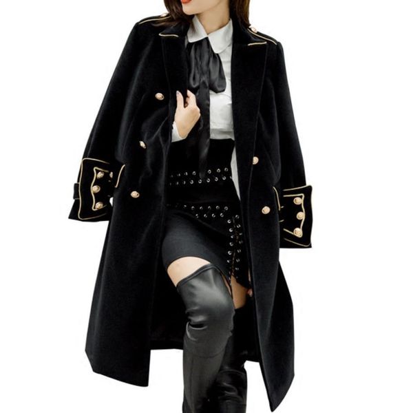 

fur double breasted military style wool coat british style work business blends korean coat outwear winter women coats, Black