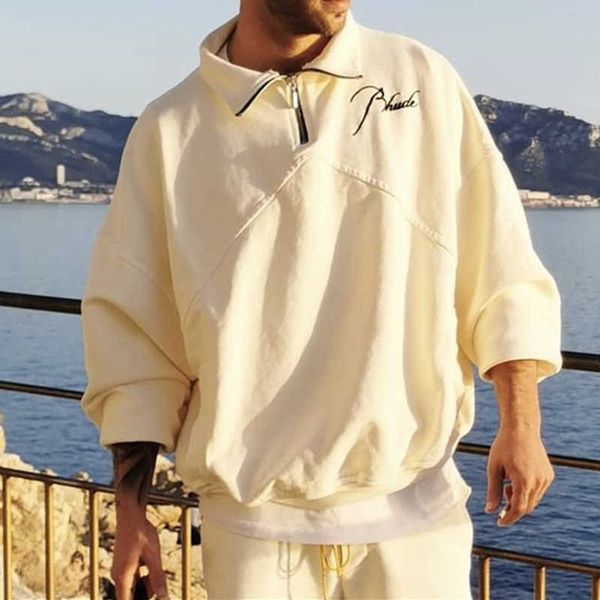 

designer clothing hoodies fashion sweatshirts vibe trend brand rhude 21ss autumn winter standing half zipper letter embroidery splice high n, Black