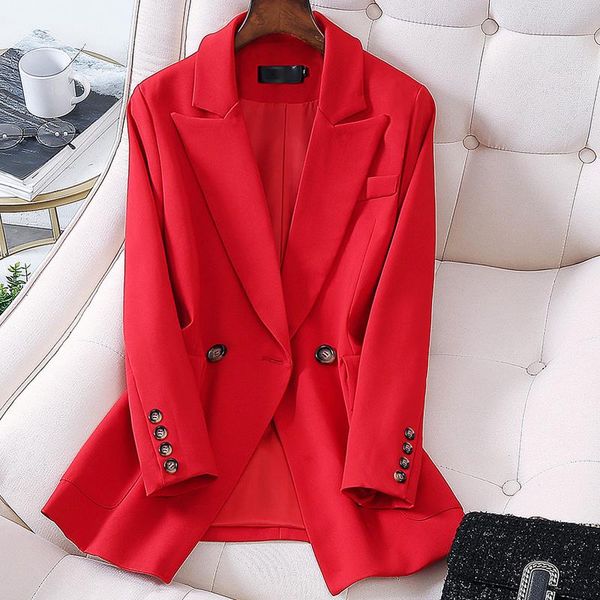 

pants women elegant long sleeve double breasted blazer jacket casual solid female chic lady office suit blazer outwear loose coat, White