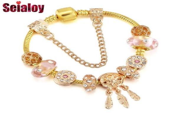 

charm bracelets seialoy gold dream catcher for women men original pink glass crystal beaded bracelet bangle jewelry gift4056581, Golden;silver