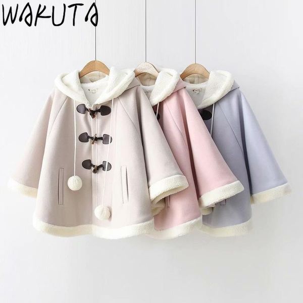 

fur wakuta japanese solid cape style wollen overcoat for girls autumn winter sweet rabbit ear holy buttonthick hooded outwear, Black