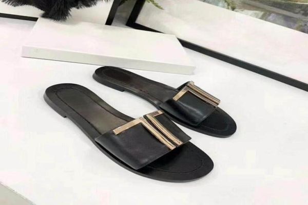 

women039s slippers fashion beach flat bottom 100 soft leather metal one word letter laz size35427525572, Black