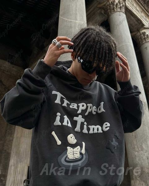

men's hoodies sweatshirts harajuku 3d skull puff print hoodies oversized streetwear men cotton liner sweatshirt women couples y2k cloth, Black