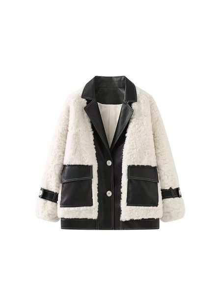 

leather 2022 winter women padded jacket lambs wool patchwork teddy jacket faux fur coat outwear loose casual design elegant warm fashion, Black