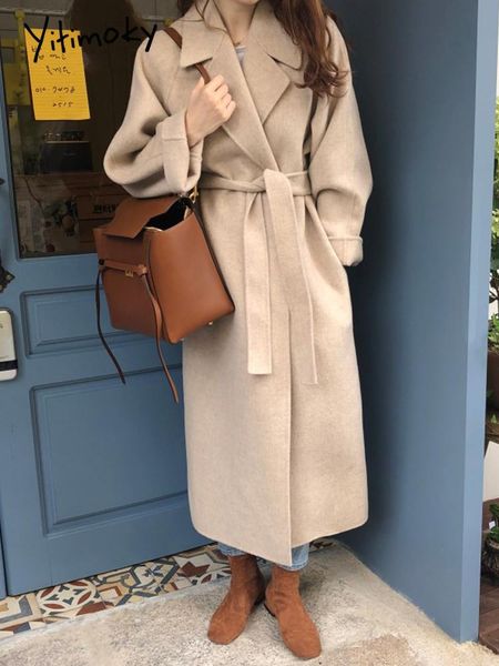 

fur yitimoky new women woolen coat elegant turndown collar faux cashmere long coat vintage solid warm empire slim with belt outwear, Black