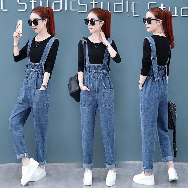

jeans woman jeans pants denim suspender pants women's suit 2021 spring and summer loose cargo long pants pantalones vaqueros mujer, Blue