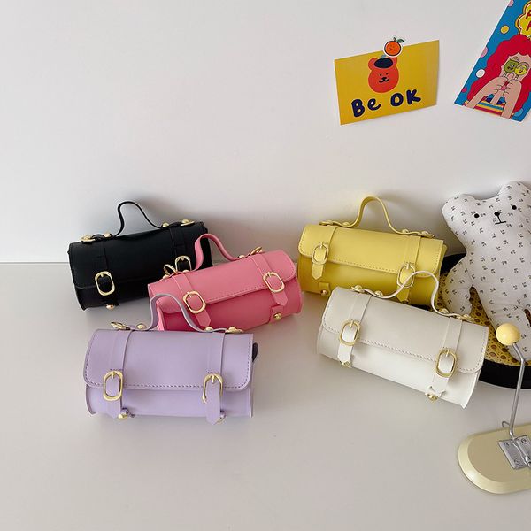 

children circular bucket handbags girls metals buckle single shoulder bag kids candy color pu leather messenger bags z1653, Black