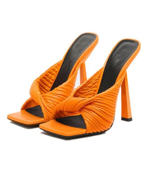 

summer 2021 slippers fashion multicolored pleated sandals slip on square toe stiletto heel mules women sandal5233578, Black