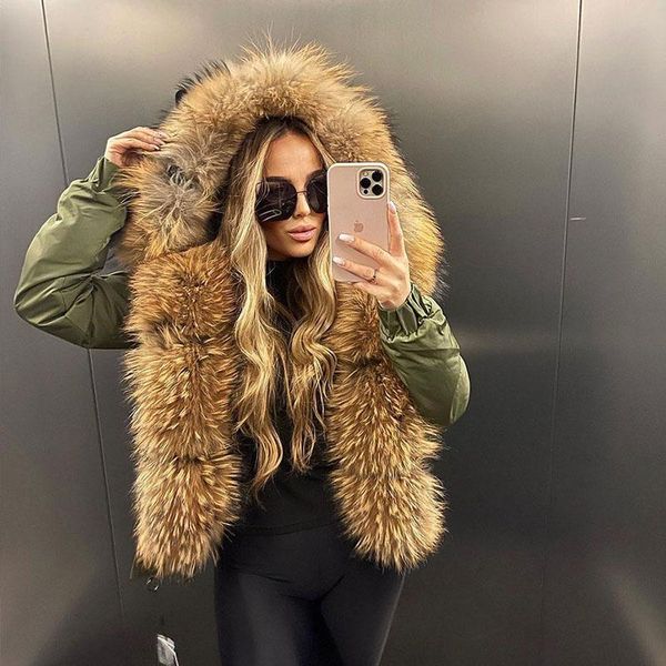 

fur maomaokong 2022 new women's winter real fox fur coat female short natural raccoon big fur collar parka bomber jacket slim, Black