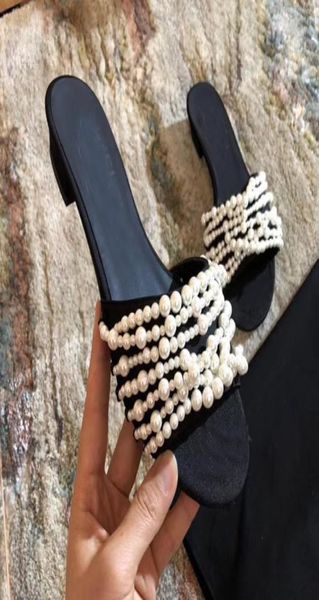 

female fashion summer mules shoes low heels ladies chain slippers shoes pearls beading women design dress party prom sandals slipp4766397, Black