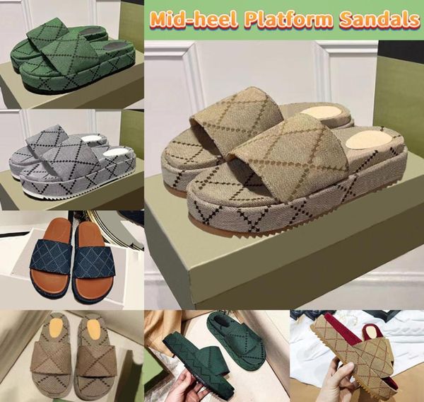 

designer womens midheel slippers shoes platform slide sandals beige blue green canvas dark blue jacquard denim mouse printed luxu6037362, Black