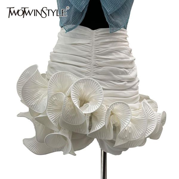 

dresses twotwinstyle casual white skirt for women high waist patchwork asymmetrical ruched mini skirts females summer fashion 2022 style, White;black