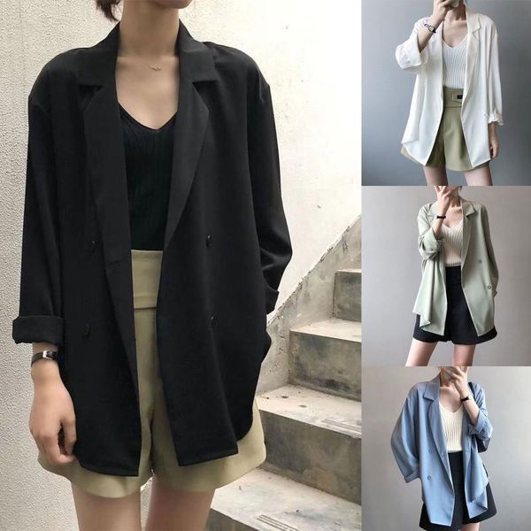 

pants women summer roll up cuffed long sleeve thin blazer jacket notched lapel collar buttons work office lady lightweight loose drap, White