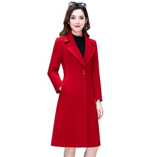 

fur fashion blended woolen coat female midlength autumn winter 1 button slim ladies wool overcoat red black blue khaki outerwear