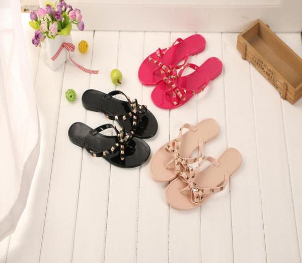

2019 fashion women sandals flat jelly shoes bow v flip flops stud beach shoes summer rivets slippers thong sandals nude6157593, Black
