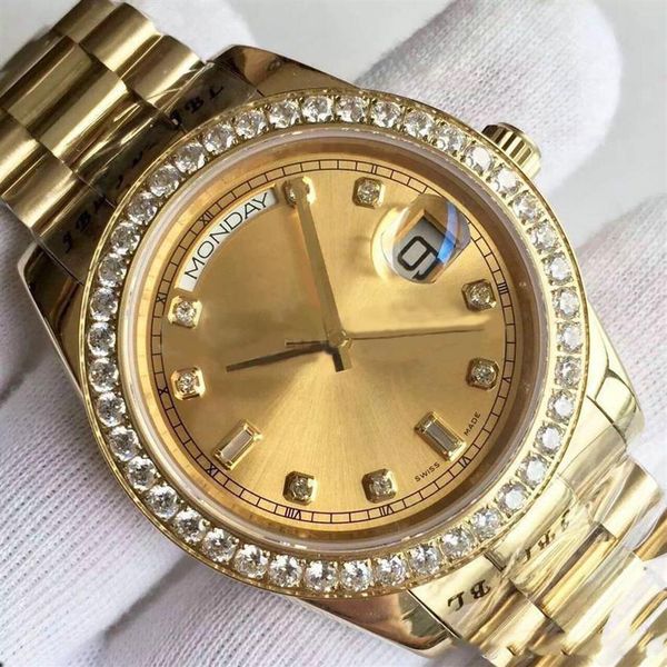 

men's watch date-218348a series 18k gold dial diamond inlay automatic mechanical watchs president strap original folding buck259z, Slivery;brown