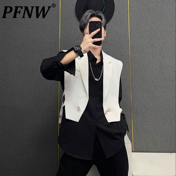 

men's vests pfnw spring autumn short sleeveless vest personalized fashion high street bandage outdoor niche notched coats 28a2167 23042, Black;white