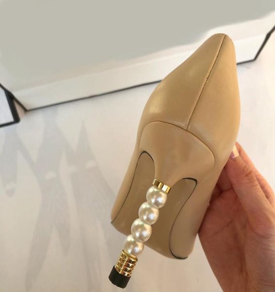 

2021 fashion leisure dress shoes designer women goatskin grosgrain pumps genuine leather pearl high heels c lady beige white black8431431, Black