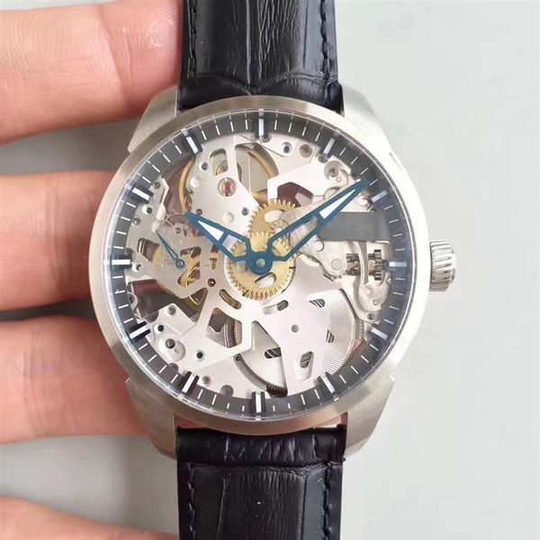 

complication squelette watch stainless steel skeleton dial with black leather strap mechanical manual winding wristwat263t, Slivery;brown