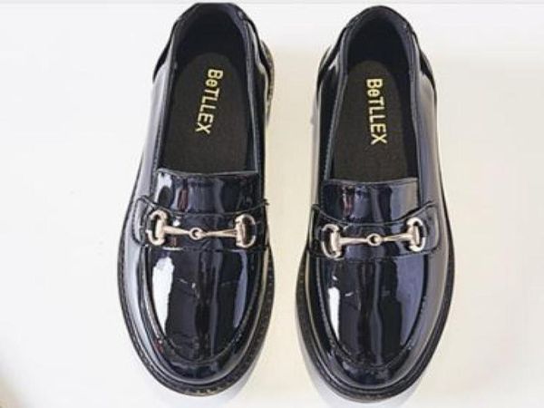 

3441 womens patent shoes chains buckle flats low heel work boot college footwear oxford loafers zy7815771582, Black