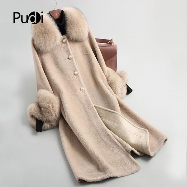 

fur pudi a19003 lady real wool sheep shearing fur coat women fox collar winter warm genuine fur coat winter warm coat, Black