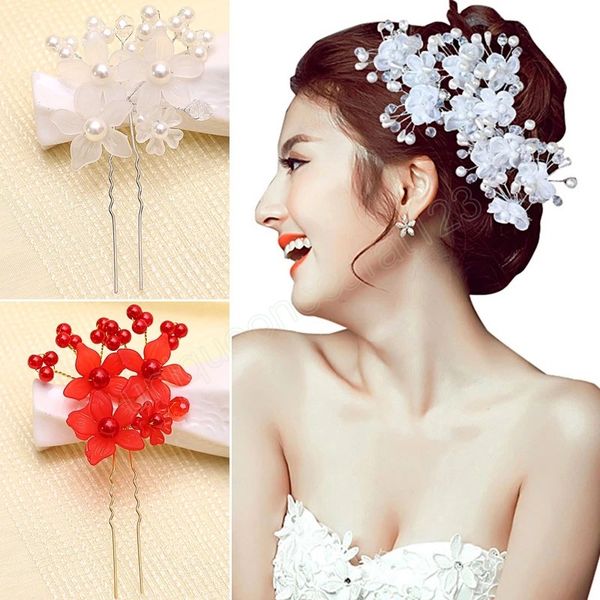 

crystal hairpin u shaped flower hairpin stick rhinestone pearl hair pins bridal tiara headpiece wedding hair accessories, Slivery;golden