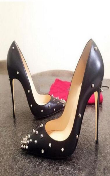 

new fashion rivet shoes 12 cm black matte leather with rivets pointed shoes high heels luxury spiked nail dride wedding shoes1683087