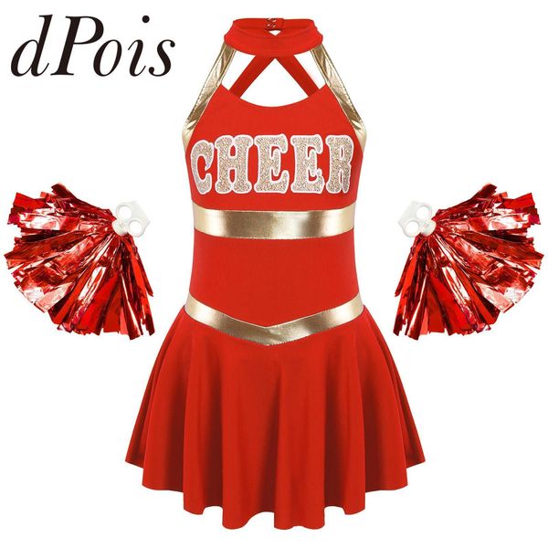 

cheerleading kids girls sleeveless letters printed dance dress with tassel flower balls sets for cheerleading costume cheerleader uniforms 2