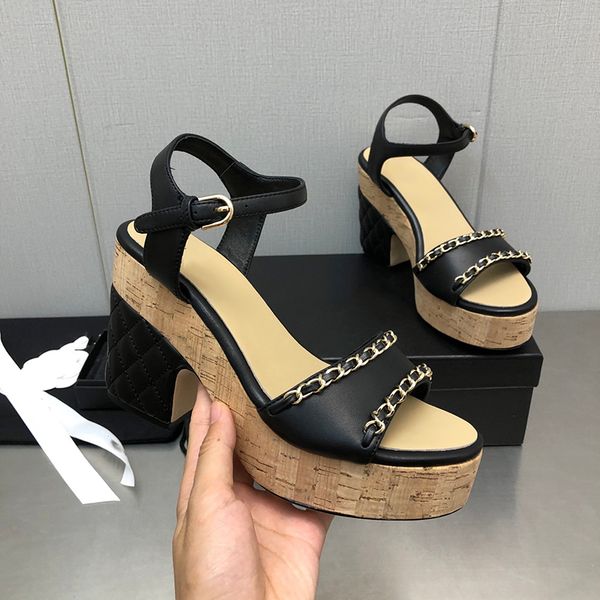

designer womens sandals platform high heels .5cm slippers leather chain solid color adjustable ankle buckle heightening beach shoes dress, Black