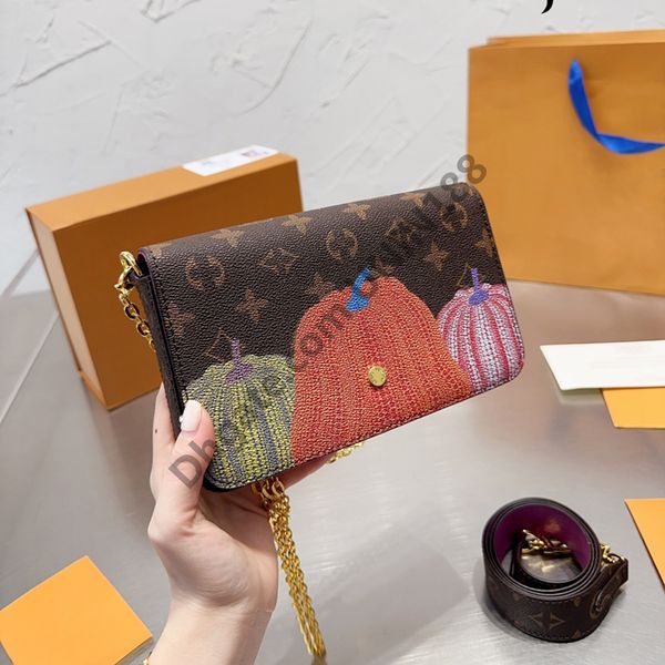 

women luxurys designers wallet pumpkin bags handbag classic fiower golden chain bag genuine leather messenger wallets purse card holder 21cm, Red;black
