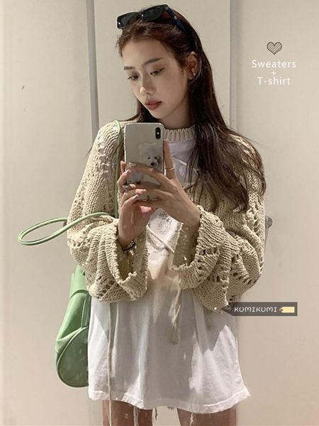 

dress sweater cardigan + tshirt two piece set ladies loose short sleeve tshirt women design hollow sunscreen knitwear girl suit, White