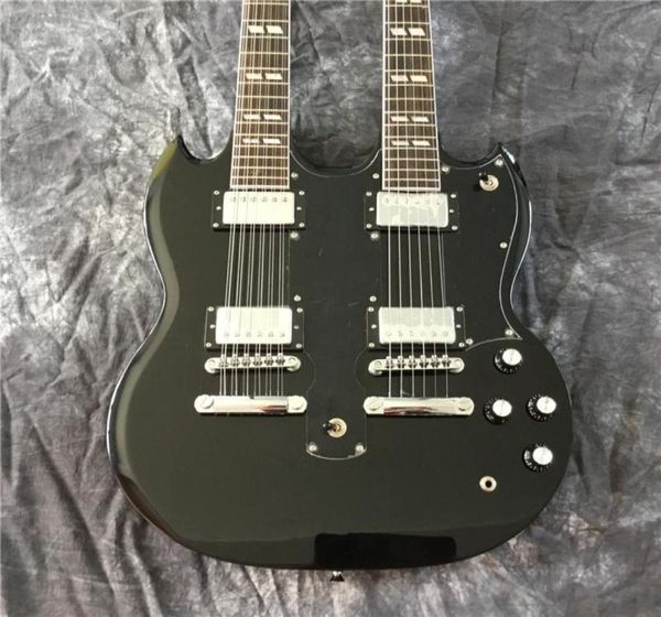 

whole doubleheaded black electric guitar rosewood fingerboard good sound quality silver pieces 12 string and 6 string5881193