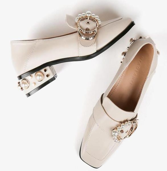 

designer women loafers chunky heel leather shoes pearl sequined middle heel party shoes lazy square toes lady luxury dress sh4951817, Black