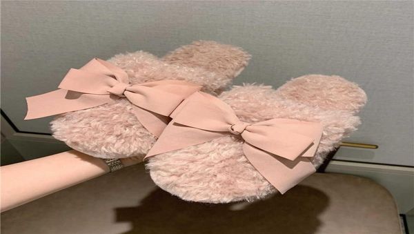 

cute bow fuzzy slippers winter faux fur slides soft indoor women039s slippers for home fluffy slipper pink plush house shoes wo2065715, Black