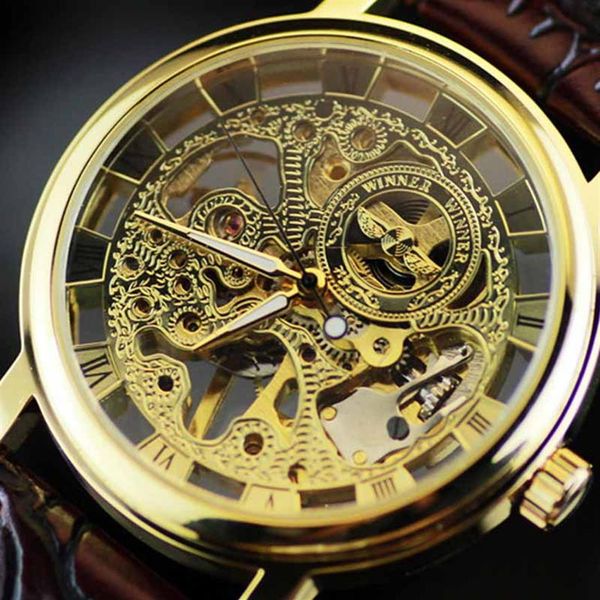 

2021 new skeleton hollow fashion mechanical hand wind men luxury male business leather strap wrist watch relogio238w, Slivery;brown